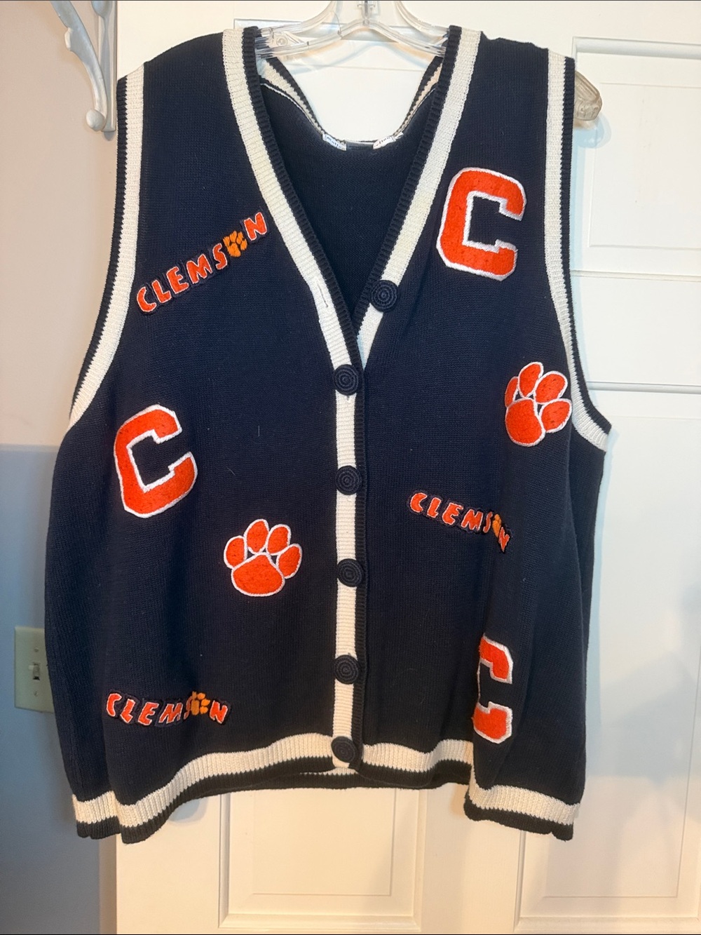 Clemson Letterman Knit Button-Up Vest - Navy & Orange